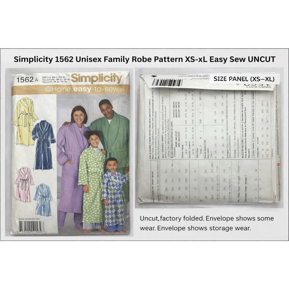 Simplicity 1562 Unisex Robe Pattern XS-XL Easy Sew Family UNCUT
